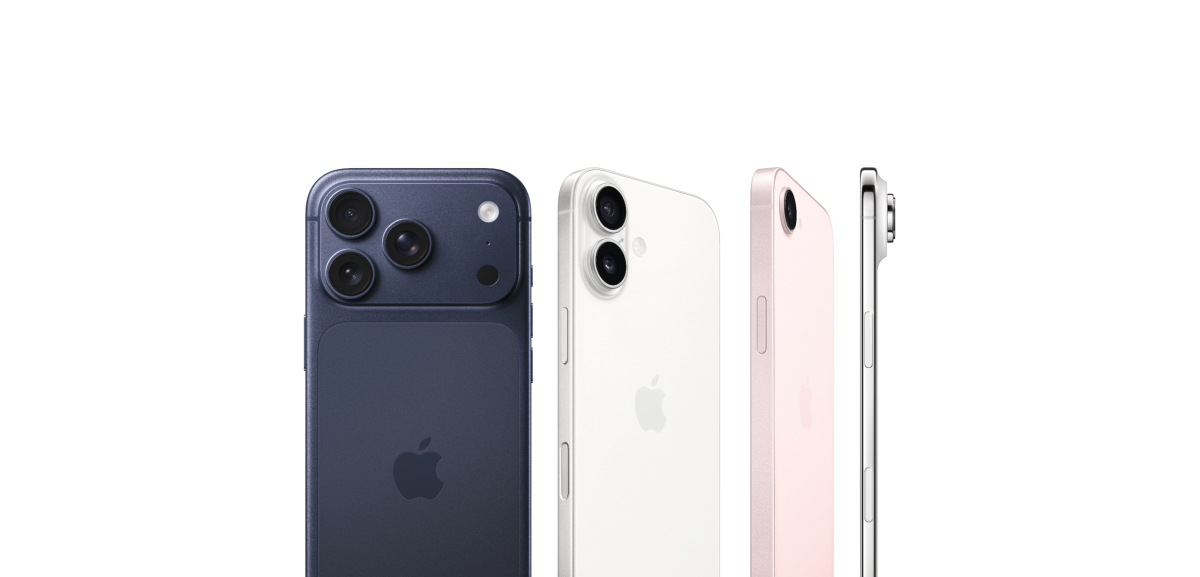 Das iPhone 17 Pro in Tiefblau, das iPhone 17 in Weiß, das iphone 17e in Hellrosa und das iPhone Air in Wolkenweiß