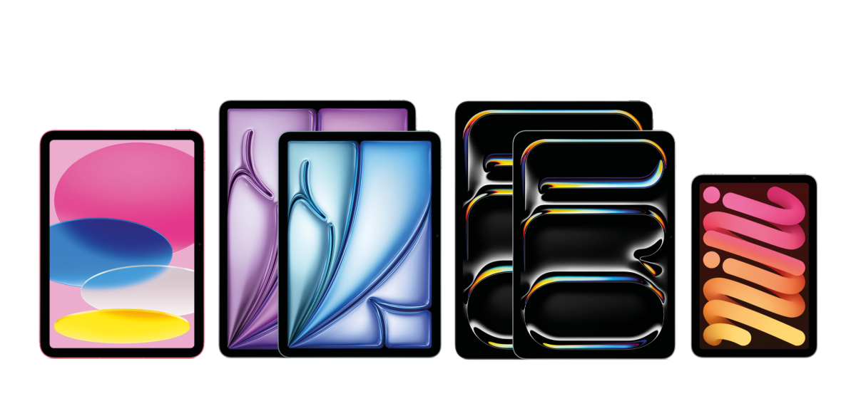 Eine Übersicht der aktuellen Apple iPad Modelle: iPad A16 mit 11“, iPad Air 13“ und 11“,  iPad Pro 13“ und 11“ sowie iPad mini 8,3“.