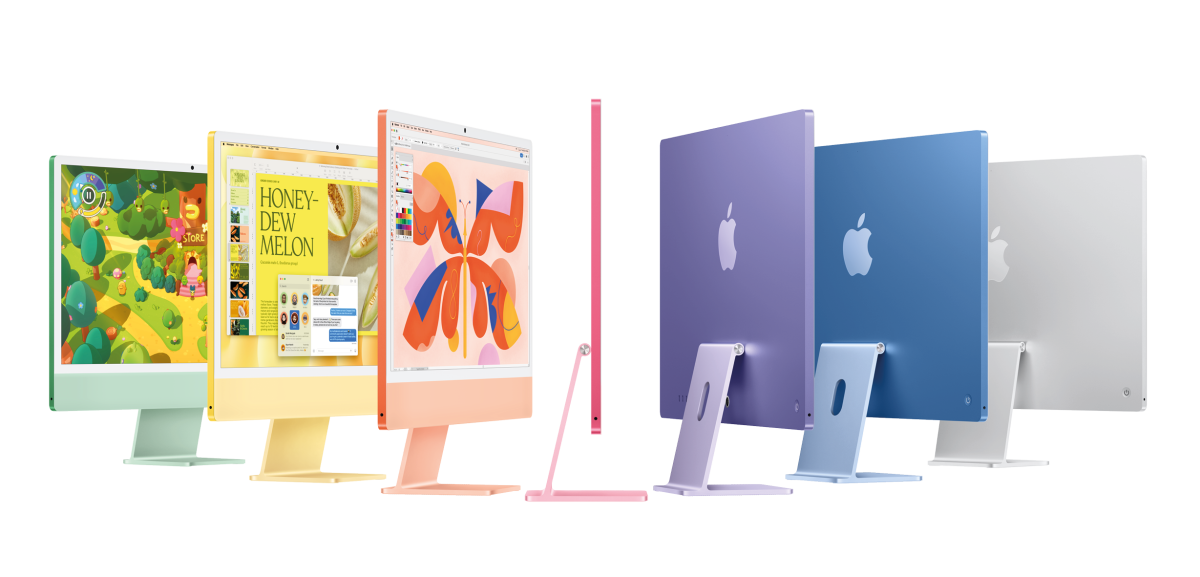 Ein Überblick der aktuellen Farben des iMac 24“: die Modelle in Grün, Gelb, Orange, rot, Violett, Blau und Silber.