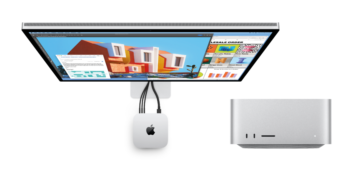 Der Apple Mac mini mit eine Apple Studio Display und der Apple Mac Studio.