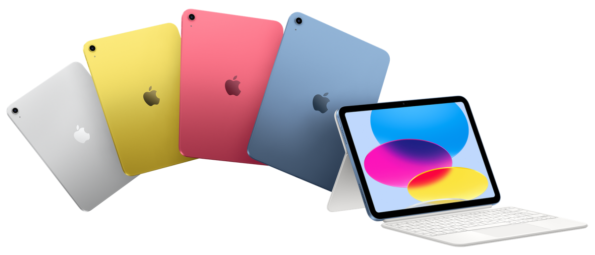 : Eine Übersicht des iPad A16 in allen Farben, ein Modell inklusive Magic Keyboard Folio Tastatur mit Trackpad