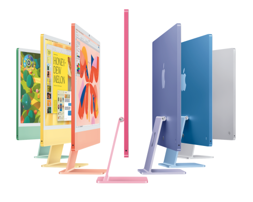 Der Apple iMac 24 Zoll, aufgefächert in allen sieben verfügbaren Farben, Grün, Gelb, Orange, Rot, Violett, Blau und Silber