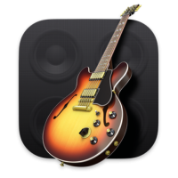Das Icon der Garage Band App, eine gitarre vor einem lautsprecher