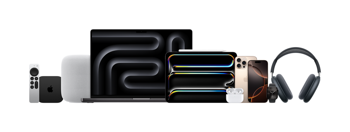 Die Apple Produktfamilie im Überblick: Apple TV, Home Pod, MacBook Pro 16 Zoll, iPad Pro 11 Zoll mit Apple Pencil Pro, AirPods Pro 2, iPhone 16 Pro Max und iPhone 16 Pro, Apple Watch Series 10 und AirPods Max