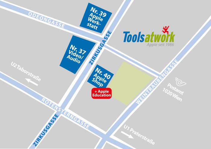 Die Skizze der Tools at Work Firmenstandorte in der Zirkusgasse in 1020 Wien: Nummer 37 Video/Audio, Nummer 39 Apple Werkstatt, Nummer 40 Apple Shop + Apple Education