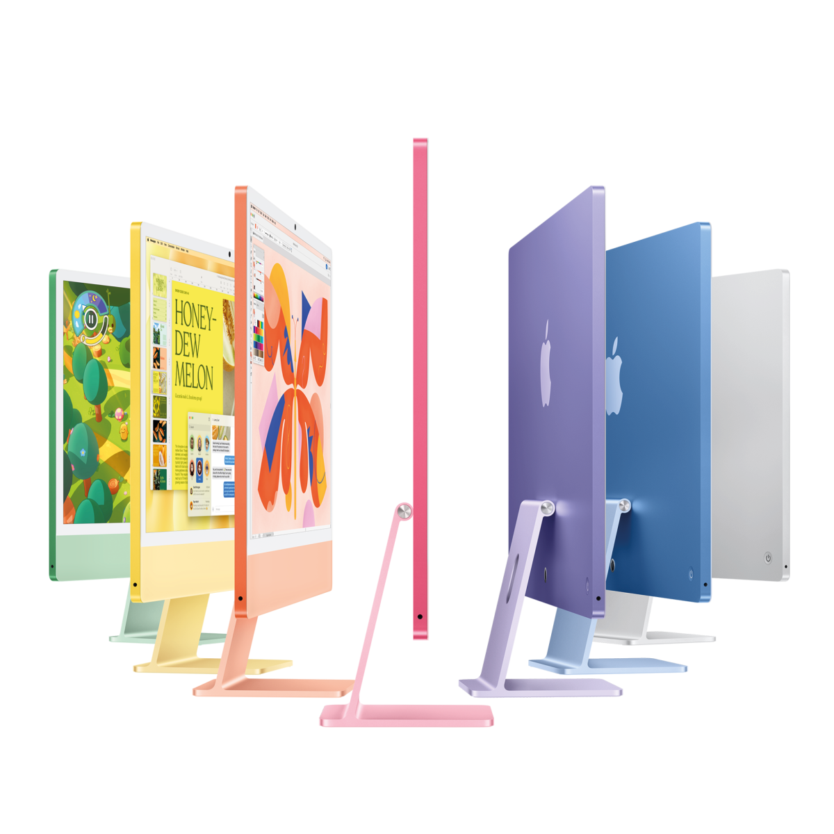 Der Apple iMac 24 Zoll in den Farben Grün, Gelb, Orange, Rot, Violett, Blau und Silber