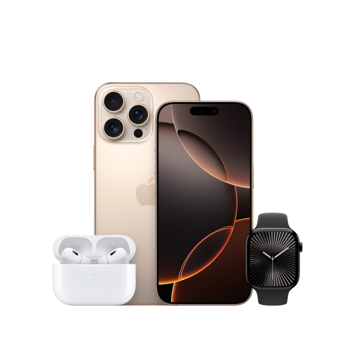 Die Apple AirPods Pro 2, das iPhone 16 Pro Max, das iPhone 16 Pro und die Apple Watch Series 10