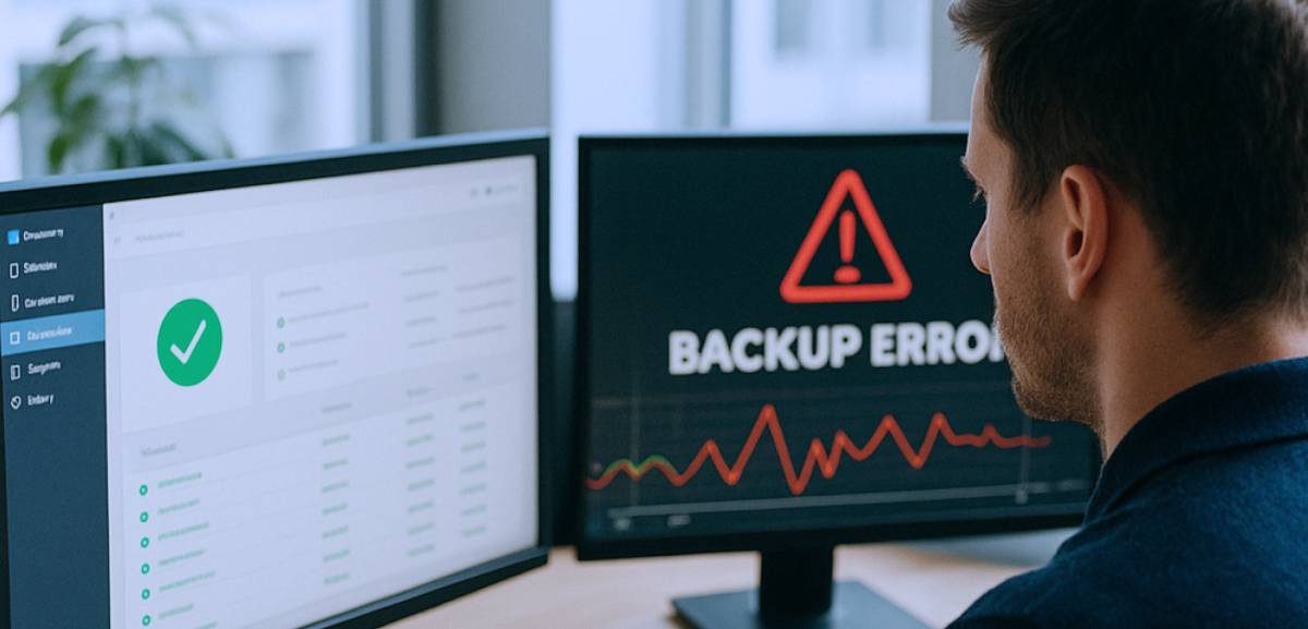 Ein Mann sitz vor zwei Monitoren, auf einem Display ist der Hinweis "Backup Error" zu sehen