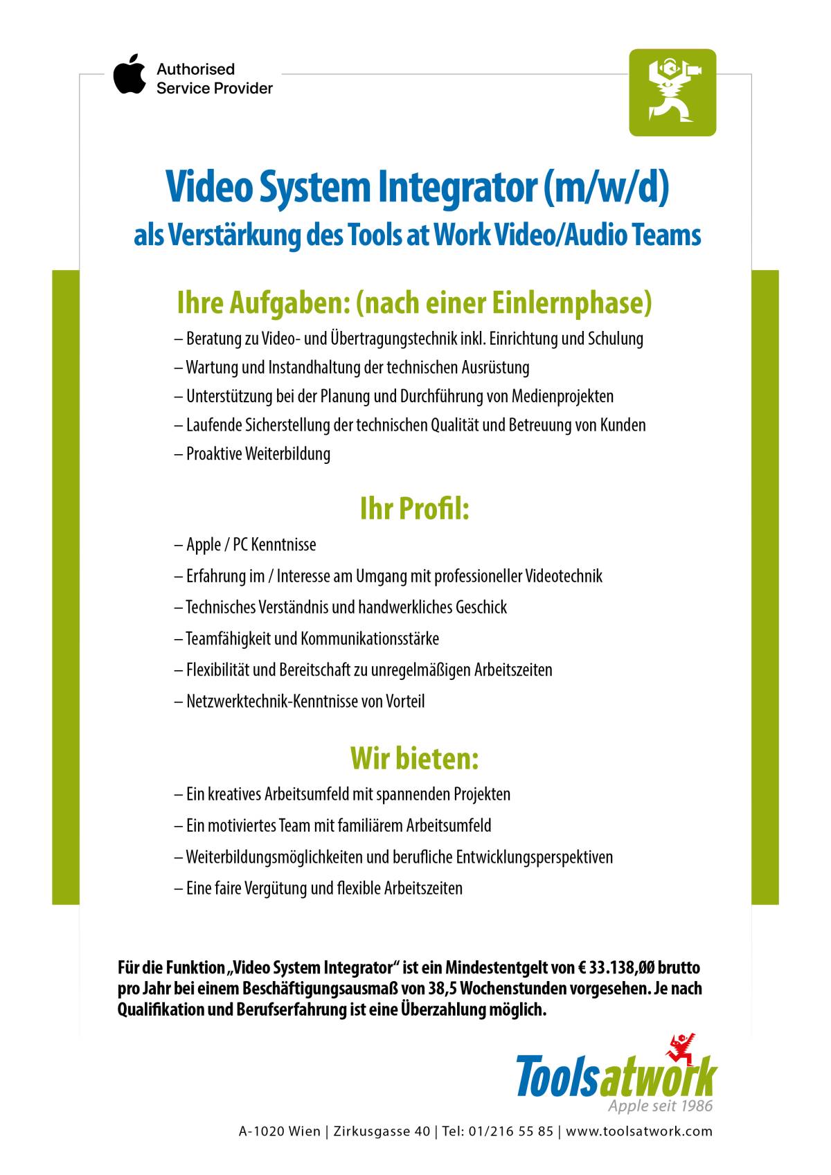 Die Tools at Work Stellenanzeige für Video System Integrator m/d/w